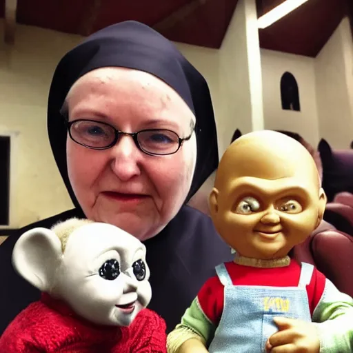 Image similar to a nun in church holding chucky the evil looking killer doll on her lap