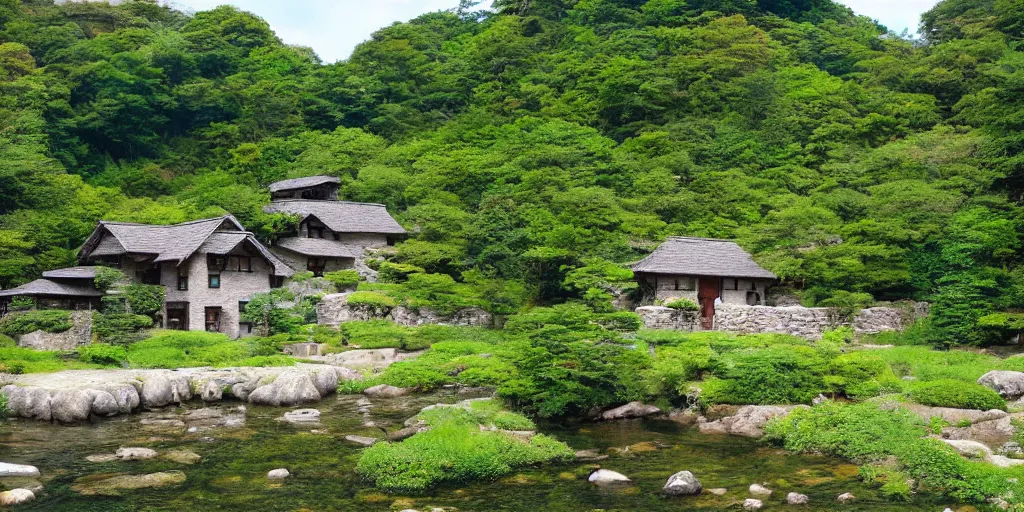 Image similar to a serene landscape with a singular building near a river with rocks at sunshine, ghibli studio
