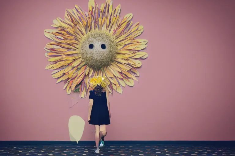 Image similar to giant flower head, girl walking in hotel, surreal, symmetry, flat space, fanciful, stark colours, detailed, wes anderson