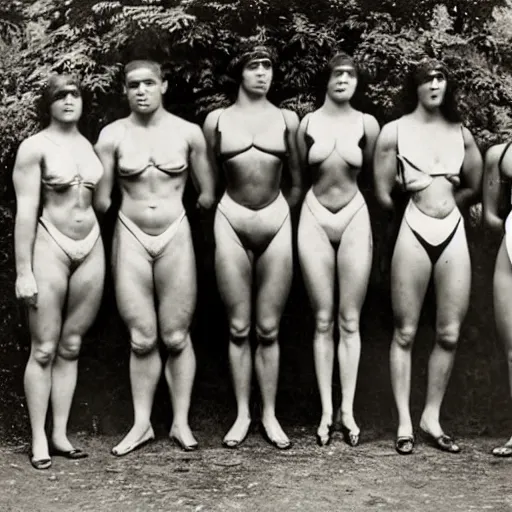 Image similar to muscular Amazonian women and smaller, frailer men, 1920s photography