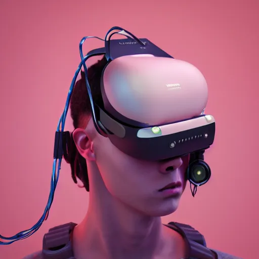 Image similar to intense futuristic bespoke vr headset respirator with long cables like dreadlocks on a set of twin humble hypebeasts, by ilya kuvshinov and james jean and sorayama and ikeuchi and hyein seo and hiroya oku and gilleard james, artstation trending, 8 k, 3 d render, photorealistic, volumetric lighting caustics, pink