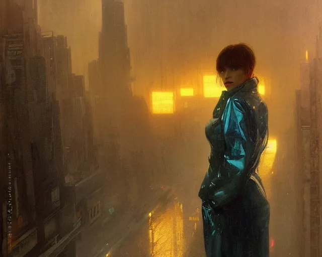 Image similar to 2 0 1 8 blade runner movie still girl look at the cityscape from roof perfect face fine realistic face pretty face neon puffy jacket blue futuristic sci - fi elegant by denis villeneuve tom anders zorn hans dragan bibin thoma greg rutkowski ismail inceoglu illustrated sand storm alphonse mucha