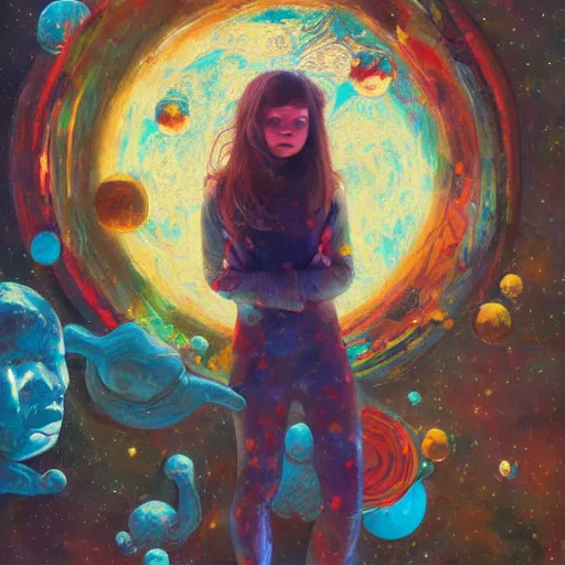 Image similar to oil painting of a girl lost in space, james jean, rutkowski tones