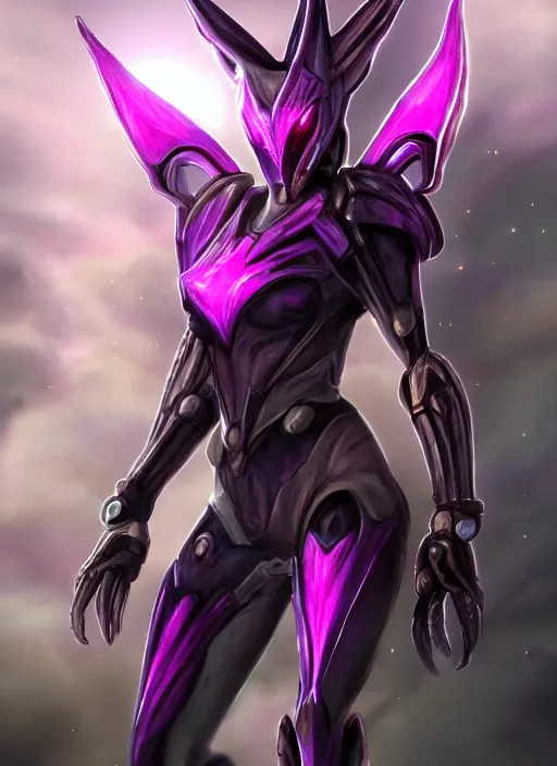 Image similar to cinematic close shot, galactic sized goddess, proportional stunning beautiful hot female warframe, sleek mecha female dragon head, metal ears, led purple eyes, smooth fuschia skin, smooth silver armor, floating in space, holding a galaxy, epic proportions, epic size, epic scale, furry art, dragon art, giantess art, warframe fanart, furaffinity, octane