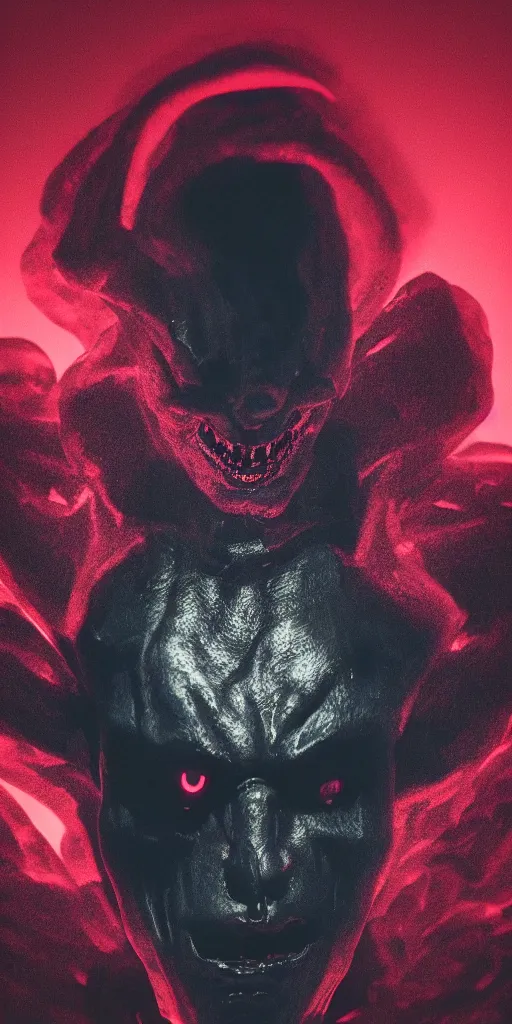 Prompt: demonic shadow man, detailed face, sharp focus, synthwave art, aesthetic, octane render, raw, cinematic