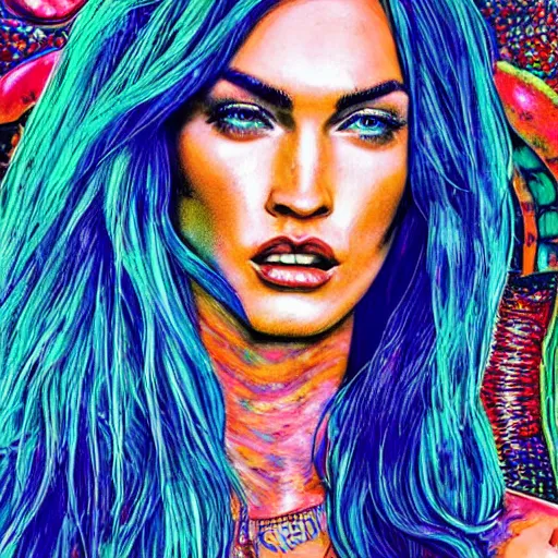 Image similar to an extremely psychedelic portrait of megan fox as mgk, surreal, lsd, face, detailed, intricate, elegant, lithe, highly detailed, digital oth, sharp focus, illustration,