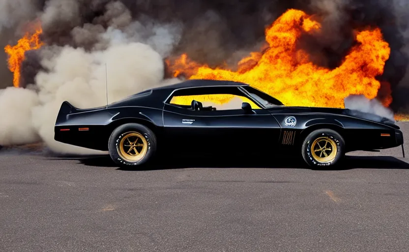 Image similar to a black 1 9 7 3 pontiac firebird trans am sd - 4 5 5 driving high speed, fire explosion in the background, action scen. realistic