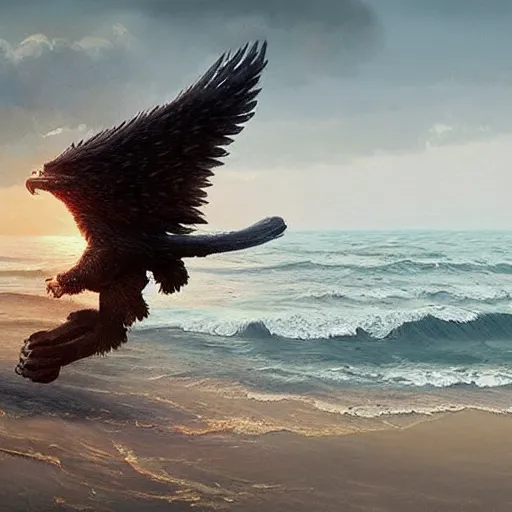 Image similar to A lion with eagle wings emerging from the sea , digital Art, Greg rutkowski, Trending artstation, cinematographic, hyperrealistic