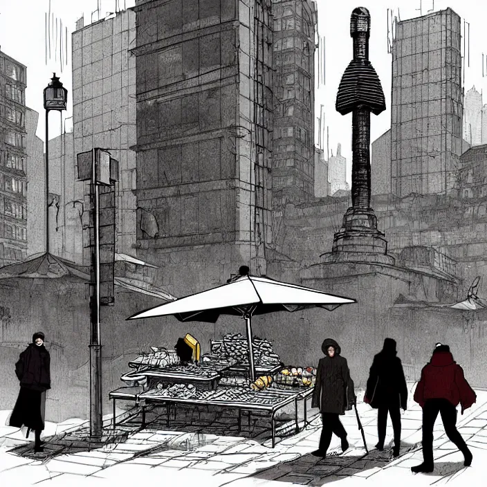 Image similar to market stall with umbrellas for sale, in a square, pedestrians walk past. background of old soviet monument. storyboard, scifi cyberpunk. by gabriel hardman, joe alves, chris bonura. cinematic atmosphere, detailed and intricate, perfect anatomy