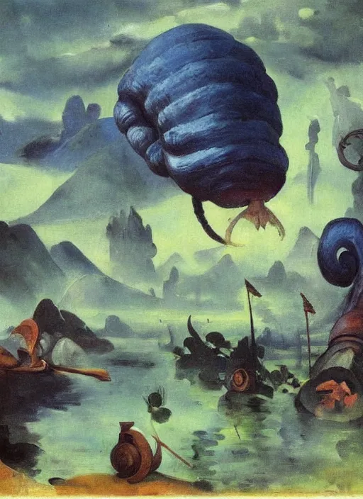 Prompt: photo of a giant snail man guardian of the holy lake, bizarre, fantasy landscape, art by andreas achenbach, august macke, alice bailly, alison geissler