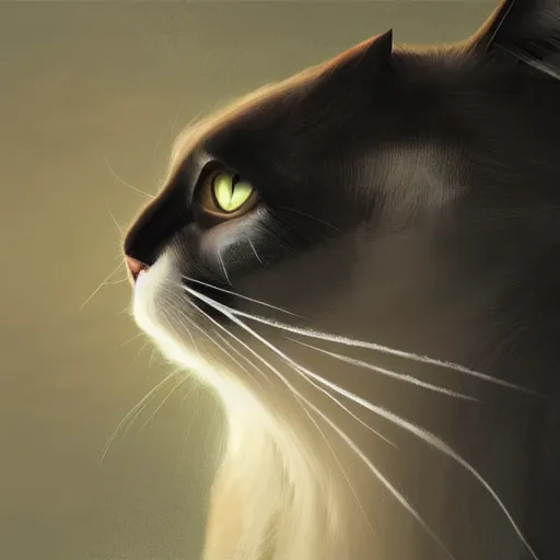 Prompt: black cloudy shadow shaped as a cat, cuddly fur, detailed, blurry, digital painting, artwork by Victor Adame Minguez + Sandro Botticelli