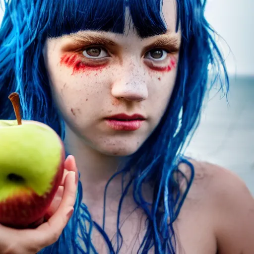 Image similar to close up headshot of a dnd Triton girl with blue skin and messy black hair sitting on the deck of a ship and holding an apple, a little blue-skinned girl with messy black hair sharp pointed ears freckles along the ridges of her cheeks, dnd triton, high resolution film still, 4k, HDR colors