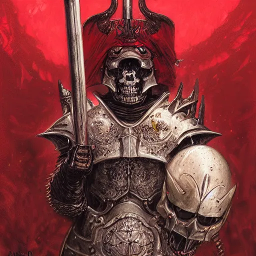 Image similar to angry anthropomorphic shiba inu, wearing berserk anime skull knight armor and sword, blood aura red light, fantasy, dark, portrait art by donato giancola and greg rutkowski, realistic face, digital art, trending on artstation, symmetry