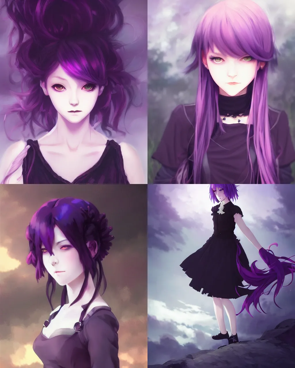 Prompt: girl with purple hair and black gothic skirt, a beautiful portrait, rim light, perfectly shaded, art by hidari and makoto shinkai and wenjun lin