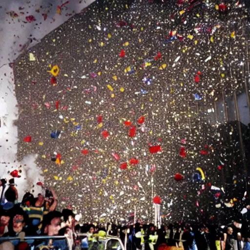 Image similar to twin towers 9/11 plane crash with confetti explosion