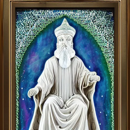 Image similar to white crystal statue carving of a supreme court judge, religious imagery, islamic pattern art, fractals, galaxy, impressionism painting, john blanche, muted colors, tarot card