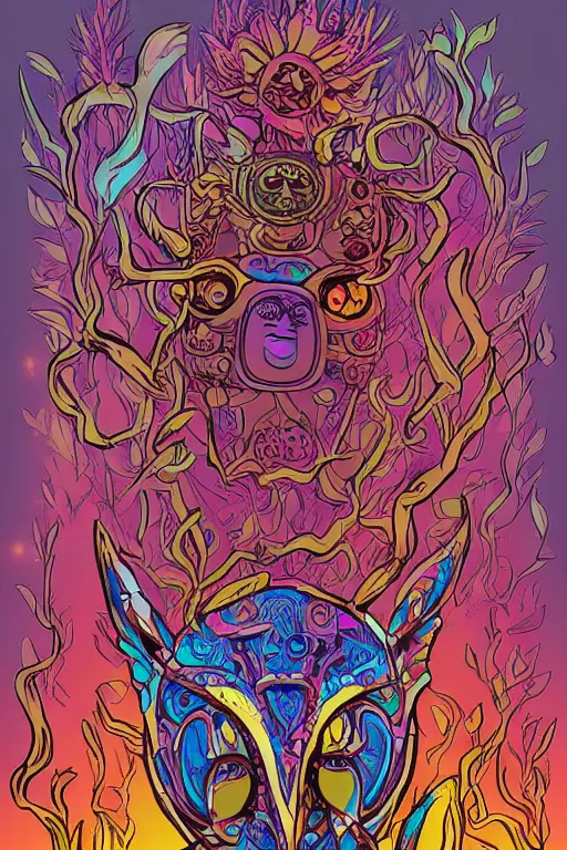 Image similar to animal mask totem roots flower tribal feather gemstone plant wood rock shaman vodoo video game vector cutout illustration vivid multicolor borderlands comics by josan gonzales and dan mumford radiating a glowing aura