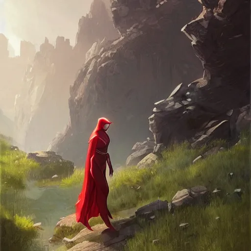 Image similar to a beautiful illustration of a woman with red hood walking between rocks, by greg rutkowski, digital artwork, artstation, cgartists, conceptartworld, deviantart, magic the gathering artstyle, floating magical rocks, lush green meadow