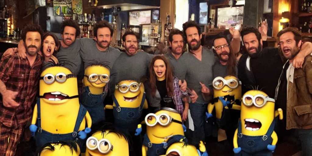 Image similar to the gang from Always Sunny in Philidelphia hanging out with the Minions at their bar, FX TV show, lenses, sitcom