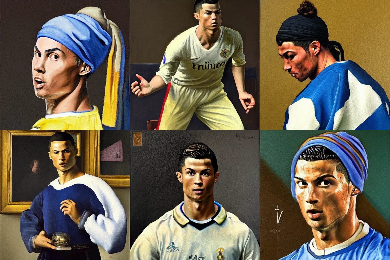 Prompt: A painting depicting Cristiano Ronaldo, Vermeer\'s work is extremely detailed. Nicely. 4K. Award-winning