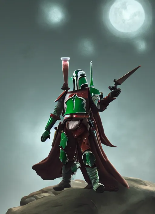 Image similar to arcane wizard x boba fett, fantasy inspired boba fett as a wizard in a scenic environment, 3 d digital art, character mashup, epic volumetric lighting, combination art, photorealistic, sharp focus, aesthetic, inspired by studio ghibli