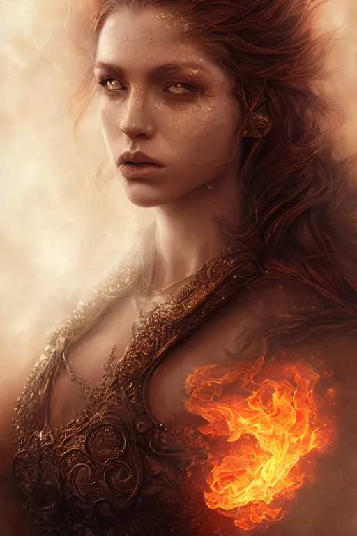 Image similar to majestic and regal portrait of a beautiful young female fire cat girl!, intricate, epic, elegant, menacing, fantasy, highly detailed, digital painting, hard focus, beautiful volumetric lighting, epic light, ultra detailed, souls, smoke, by leesha hannigan, ross tran, thierry doizon, kai carpenter, ignacio fernandez rios