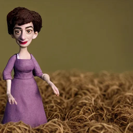 Image similar to a cinematic film still of a claymation stop motion film starring anne hathaway as female farmer, shallow depth of field, 8 0 mm, f 1. 8