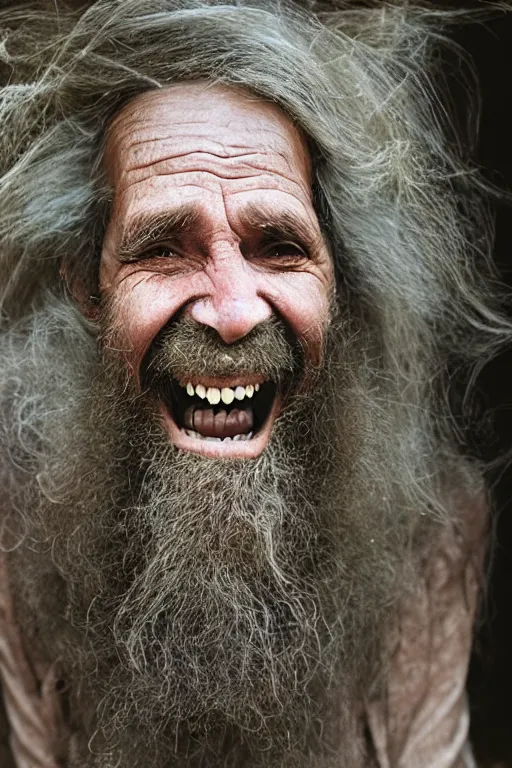 Prompt: a old laughing happy old man with female long hair, long beard, female body, by steve mccurry