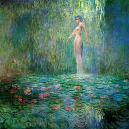 Image similar to the oracle of waters by ross tran and claude monet, oil on canvas