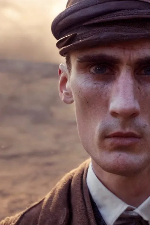 Image similar to a portait photo of Thomas Shelby in a battlefield, epic image, path tracing, complementary colours, high quality, 4k HDR, dramatic lighting, cinematic, highly detailed, high coherence, dedined face, anatomically correct, five fingers, war