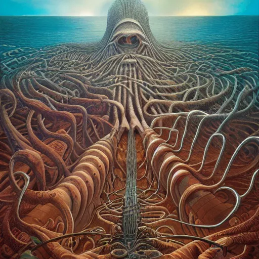 Image similar to sirens of the red sea by jacek yerka, alex gray, zdzisław beksiński, dariusz zawadzki, jeffrey smith and h.r. giger, oil on canvas, 8k highly professionally detailed, trending on artstation