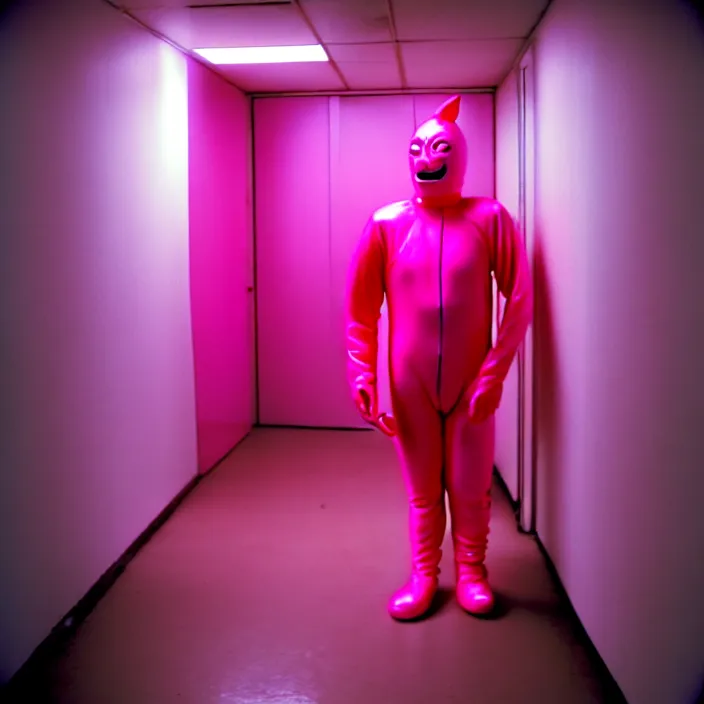 Image similar to a man in a pink morphsuit in a well - lit plain white hallway, double doors, orange eyes, linoleum floor, 3 5 mm, film shot, nightmare, horror