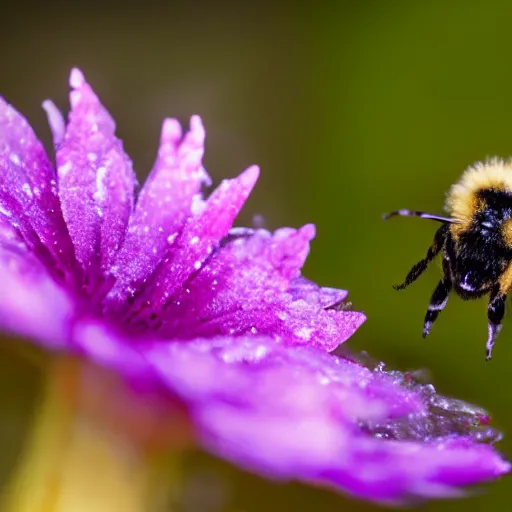 Image similar to an anime bee finding a beautiful flower, entrapped in ice, only snow in the background, beautiful macro photography, warm ambient light