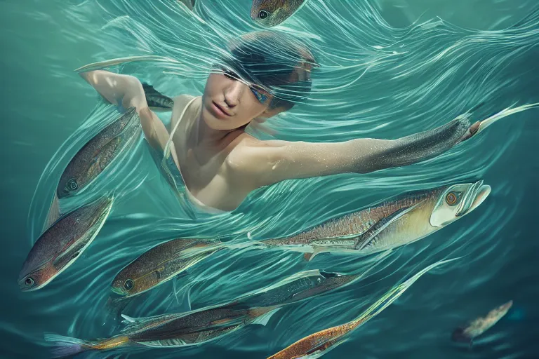 Image similar to long shot photo of fishes swimming around woman, highly detailed, photorealistic, reflections, smooth, sharp focus, concept art, illustration, beautiful, geometric, trending on artstation, cinematic, featured on behance , artwork by WLOP and Tran, Ross