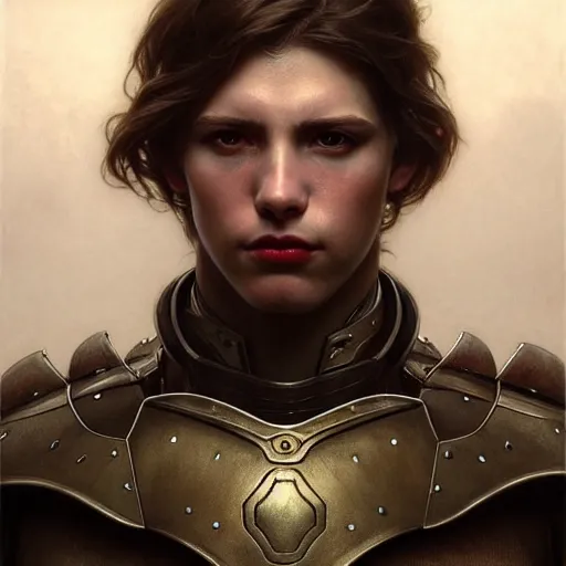 Prompt: portrait painting of a pale serious young man with a soft face and medium brown hair wearing armor, ultra realistic, concept art, intricate details, eerie, highly detailed, pursed lips, melancholy expression, photorealistic, octane render, 8 k, unreal engine. art by artgerm and greg rutkowski and charlie bowater and magali villeneuve and alphonse mucha