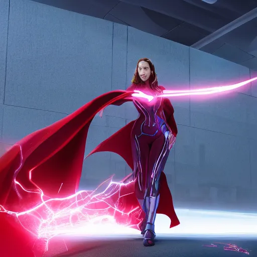 Image similar to still of scarlet witch creating a barrier around herself, photorealistic art style, futurism aesthetic, artstation, cgsociety contest winner