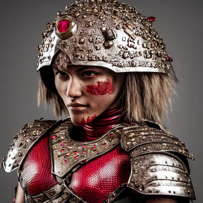 Image similar to photograph of a real-life beautiful! female warrior with ruby encrusted armour. Extremely detailed. 8k