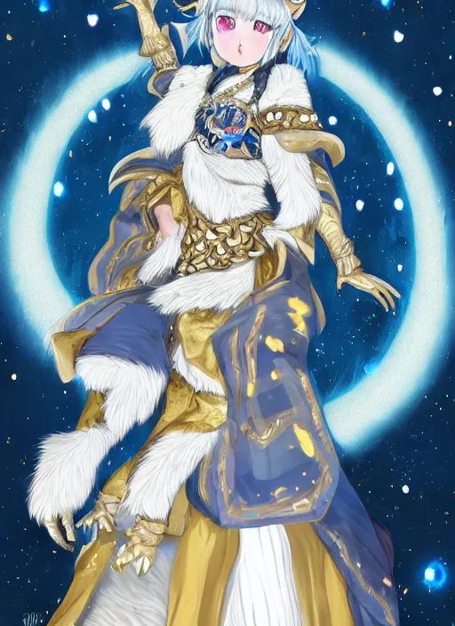 Image similar to commissioned full body portrait of a female anthro wolf princess fursona with a furry wolf head and white hair wearing a blue and gold Japanese armored dress in a white and gold palace on a starry night with a large crescent moon, by a professional manga illustrator, Stanley Artgerm Lau, WLOP, Rossdraws, James Jean, Andrei Riabovitchev, Marc Simonetti, and Sakimichan, trending on artstation