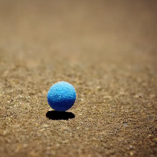 Prompt: macro photo bright day of a tiny sphere containing an oasis world placed on the ground gobi desert in background