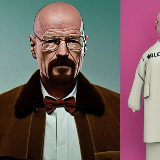 Prompt: Walter White dressed up as a chicken from Los Pollos Hermanos