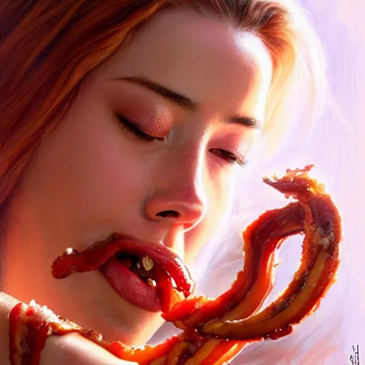 Prompt: Amber Heard eating a mammoth Wendy's baconator, closeup, giant baconator, D&D, fantasy, intricate, elegant, highly detailed, digital painting, artstation, concept art, matte, sharp focus, illustration, art by Artgerm and Greg Rutkowski and Alphonse Mucha