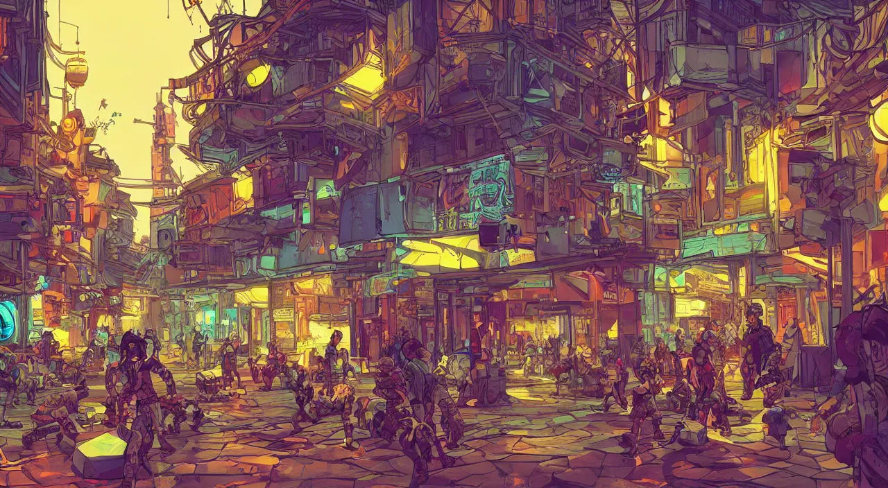 Image similar to bazaar zouk oriantal full color sky shine place mosquet painting stylized digital illustration video game icon global illumination ray tracing that looks like it is from borderlands and by feng zhu and loish and laurie greasley, victo ngai, andreas rocha, john harris