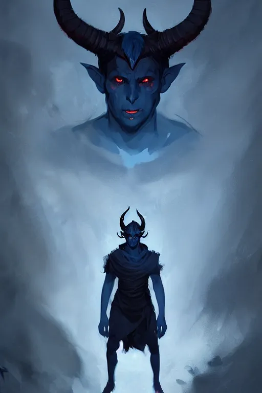 Prompt: sad dark blue tiefling boy with horns and dark hair and pitch black hollow eyes by Greg Rutkowski