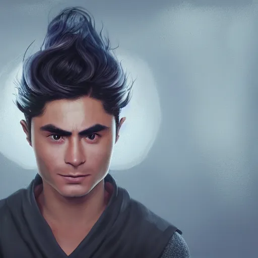 Image similar to portrait painting of a 9 0 year old kind handsome taoist priest, big eyes, deep silhouette ， looks like zac efron ， silver ponytail hair, amiable by yangjun chen ，, nadar, bright colors, octopath traveler, unreal engine 5 highly rendered, global illumination, radiant light, detailed and intricate environment