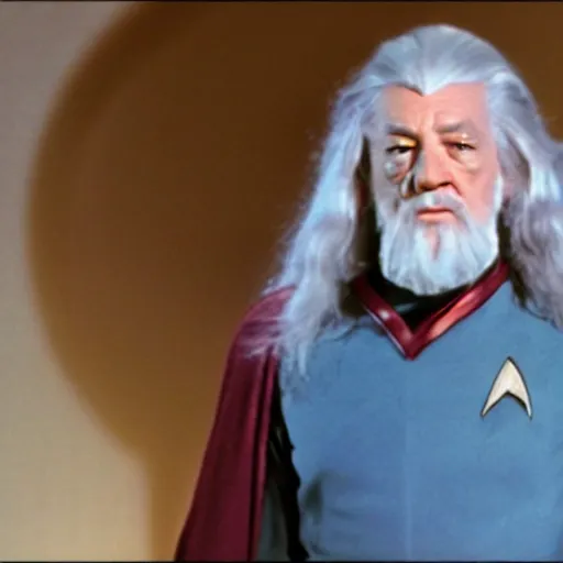 Image similar to A still of Gandalf as Captain Kirk on Star Trek