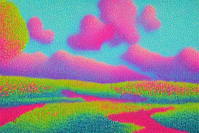 Prompt: Pink and cyan landscape, pointillism