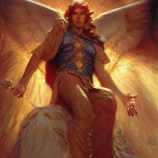 Image similar to attractive male deity casts light spell, summons attractive male lucifer morningstar. highly detailed painting by gaston bussiere, craig mullins, j. c. leyendecker 8 k