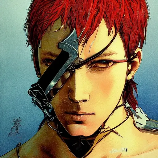 Prompt: portrait of a young white hero using his right arm to hold his sword covering his eye illustrated by yoji shinkawa, high quality, extra details, realism, ornate, colored, golden chain, blood, white skin, short hair, brown eyes, vivid, sunlight, red headband, black eyepatch, white american soldier, painting, cybernetics, military