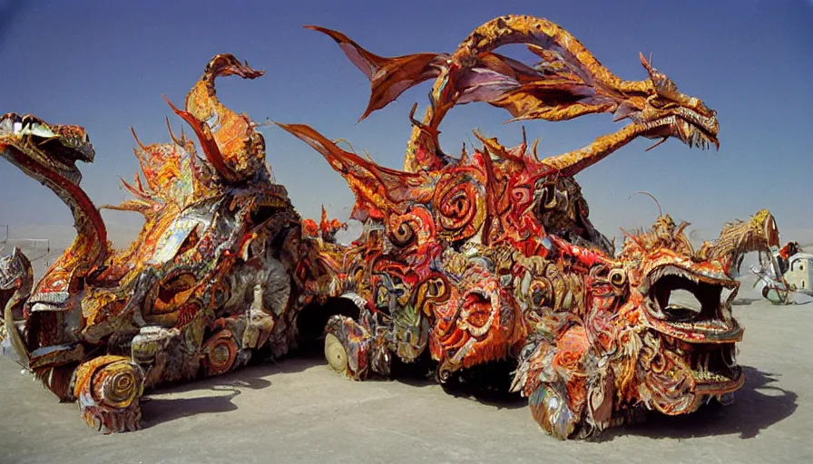 Prompt: papier-mâché art cars of Burning Man looking like dragons and fish, Kodachrome, photorealistic,