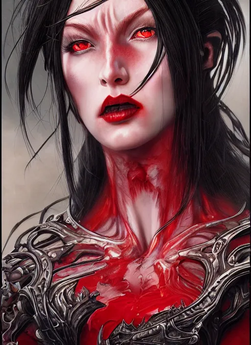 Image similar to a hyper detailed full face portrait of black haired girl with red eyes, queen of blades, sideshow figurines, diablo 4 lilith, by yusuke murata, by hiroya oku, by dorian cleavenger, by tom bagshaw, by zdzisław beksinski, trending on artstation